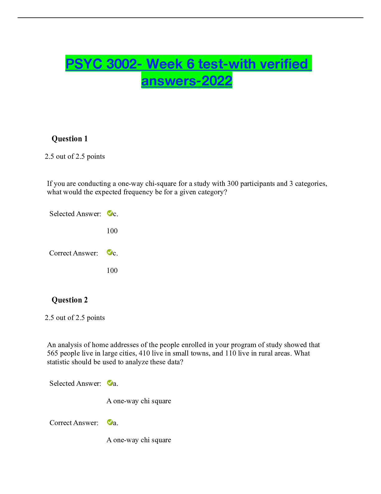 Preview of PSYC 3002- Week 6 test-with verified answers-2022